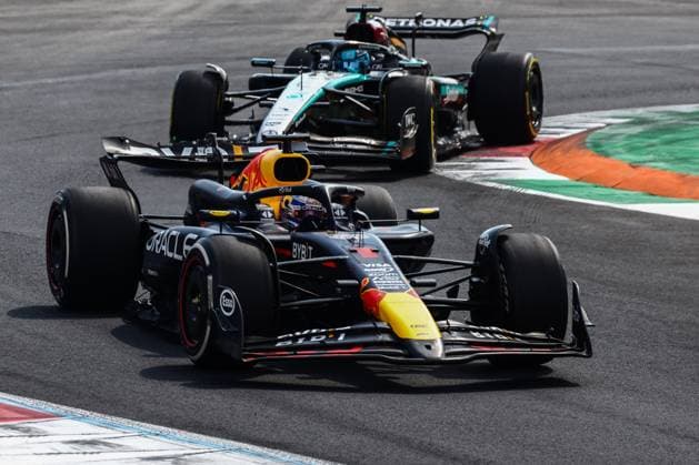 September 1, 2024, Monza, Italy: Max Verstappen of Red Bull Racing and George Russell of Mercedes drive on the track during the Italian Formula One Grand Prix at Autodromo Nazionale Monza circuit, in Monza on September 1st, 2024. Monza Italy - ZUMAz156 0758581640st Copyright: xBeataxZawrzelx