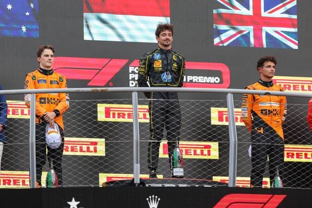 l r 2nd place Oscar Piastri McLaren , WInner, Winner, Charles Leclerc Scuderia Ferrari HP , 3rd place Lando Norris McLaren , Race, Italian Grand Prix, Motorsport, Men, Formula 1, 01 09 2024 Monza Lombardy Italy Copyright: xkolbert-press ChristianxKolbertx