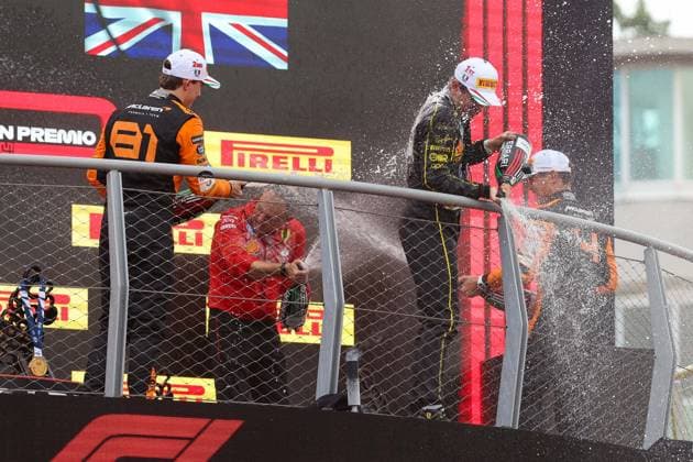 Champagne shower l r 2nd place Oscar Piastri McLaren , WInner, Winner, Charles Leclerc Scuderia Ferrari HP , 3rd place Lando Norris McLaren , Race, Italian Grand Prix, Motorsport, Men, Formula 1, 01 09 2024 Monza Lombardy Italy Copyright: xkolbert-press ChristianxKolbertx