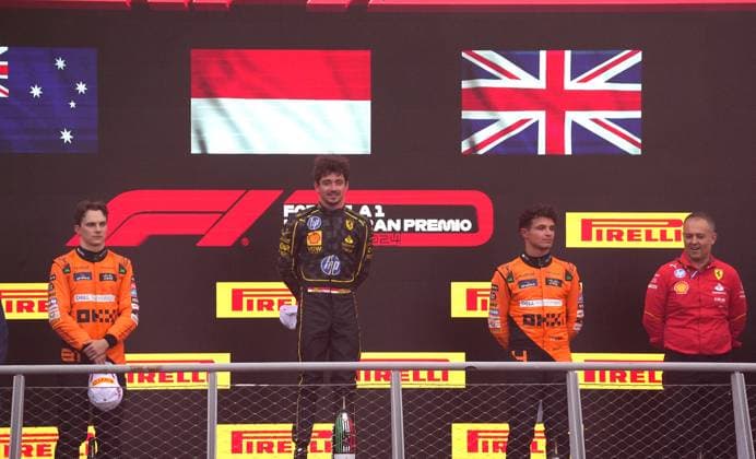 FORMULA 1 PIRELLI GRAN PREMIO D ITALIA 2024 01 09 2024, Autodromo Nazionale di Monza, Monza, FORMULA 1 PIRELLI GRAN PREMIO D ITALIA 2024 ,in the picture winner Charles Leclerc MCO , Scuderia Ferrari HP, 2nd place for Oscar Piastri AUS , McLaren F1 Team, 3rd place for Lando Norris GBR , Race Director Diego Ioverno Scuderia Ferrari nordphotoxGmbHx xBratic nph00250