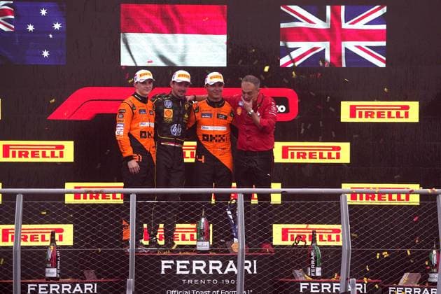 FORMULA 1 PIRELLI GRAN PREMIO D ITALIA 2024 01 09 2024, Autodromo Nazionale di Monza, Monza, FORMULA 1 PIRELLI GRAN PREMIO D ITALIA 2024 ,in the picture winner Charles Leclerc MCO , Scuderia Ferrari HP, 2nd place for Oscar Piastri AUS , McLaren F1 Team, 3rd place for Lando Norris GBR , Race Director Diego Ioverno Scuderia Ferrari nordphotoxGmbHx xBratic nph00250