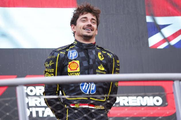 LECLERC Charles (mco), Scuderia Ferrari SF-24, portrait podium celebration during the Formula 1 Pirelli Gran Premio d’Italia 2024, Italian Grand Prix 2024, 16th round of the 2024 Formula One World Championship, WM, Weltmeisterschaft from August 30 to September 1, 2024 on the Autodromo Nazionale Monza, in Monza, Italy - F1 - ITALIAN GRAND PRIX 2024 DPPI Panoramic  240901_R16_ITALIA_DP_EA018365