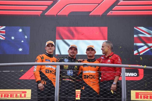 Oscar Piastri McLaren Formula 1 Team, 81 , Lando Norris McLaren Formula 1 Team, 04 , Charles Leclerc Scuderia Ferrari HP, 16 Parc Ferme, Podium, Race, ITA, Formula 1 World Championship, Italian Grand Prix, Autodromo Nazionale Monza, Race Day, 01 09 2024 ITA, Formula 1 World Championship, Italian Grand Prix, Italy, Autodromo Nazionale Monza, 01 09 2024 Monza Copyright: xEibner-Pressefoto AnnikaxGrafx EP_AGF