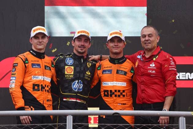 F1 Italian Grand Prix 2024 Oscar Piastri of McLaren, Charles Leclerc of Ferrari and Lando Norris of McLaren after the Formula 1 Italian Grand Prix at Autodromo Nazionale di Monza in Monza, Italy on September 1, 2024. Monza Italy  Copyright: xJakubxPorzyckix originalFilename:porzycki-f1italia240901_npszo.jpg