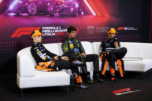 LECLERC Charles (mco), Scuderia Ferrari SF-24, portrait, NORRIS Lando (gbr), McLaren F1 Team MCL38, portrait and PIASTRI Oscar (aus), McLaren F1 Team MCL38, portrait press conference, PK, Pressekonferenz during the Formula 1 Pirelli Gran Premio d’Italia 2024, Italian Grand Prix 2024, 16th round of the 2024 Formula One World Championship, WM, Weltmeisterschaft from August 30 to September 1, 2024 on the Autodromo Nazionale Monza, in Monza, Italy - F1 - ITALIAN GRAND PRIX 2024 DPPI Panoramic  240901_R16_ITALIA_DP_EA018924