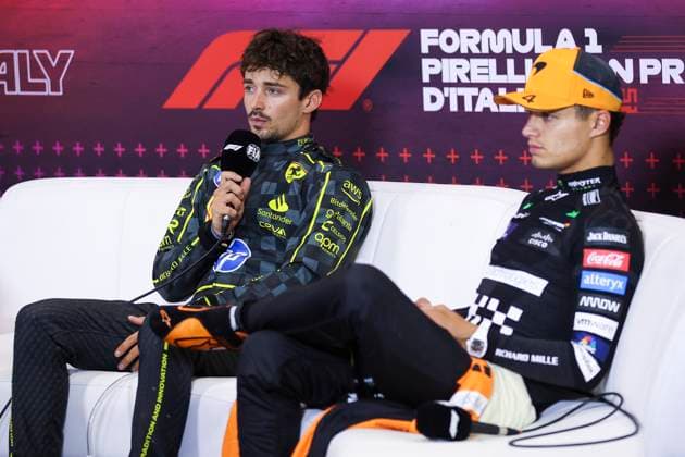 LECLERC Charles (mco), Scuderia Ferrari SF-24, portrait and NORRIS Lando (gbr), McLaren F1 Team MCL38, portrait press conference, PK, Pressekonferenz during the Formula 1 Pirelli Gran Premio d’Italia 2024, Italian Grand Prix 2024, 16th round of the 2024 Formula One World Championship, WM, Weltmeisterschaft from August 30 to September 1, 2024 on the Autodromo Nazionale Monza, in Monza, Italy - F1 - ITALIAN GRAND PRIX 2024 DPPI Panoramic  240901_R16_ITALIA_DP_EA019123