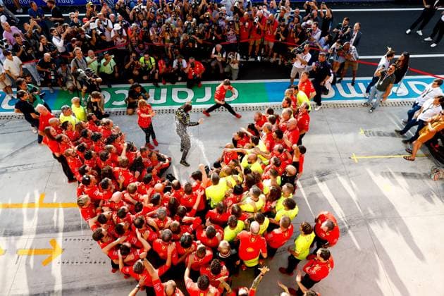 LECLERC Charles (mco), Scuderia Ferrari SF-24, portrait celebration during the Formula 1 Pirelli Gran Premio d’Italia 2024, Italian Grand Prix 2024, 16th round of the 2024 Formula One World Championship, WM, Weltmeisterschaft from August 30 to September 1, 2024 on the Autodromo Nazionale Monza, in Monza, Italy - F1 - ITALIAN GRAND PRIX 2024 DPPI Panoramic  F12024GP16ITA_JK529494