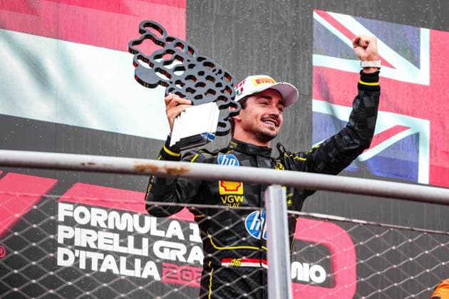 LECLERC Charles (mco), Scuderia Ferrari SF-24, portrait podium during the Formula 1 Pirelli Gran Premio d’Italia 2024, Italian Grand Prix 2024, 16th round of the 2024 Formula One World Championship, WM, Weltmeisterschaft from August 30 to September 1, 2024 on the Autodromo Nazionale Monza, in Monza, Italy - F1 - ITALIAN GRAND PRIX 2024 DPPI Panoramic  F12024GP16ITA17814-HZ_