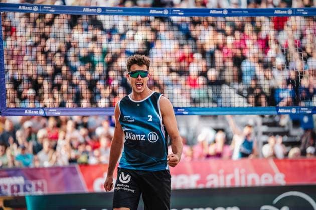 Beach volleyball men Allianz German Beach Tour German Beach Volleyball Championship 2024 01 09 2024 Lui Wüst cheers Timmendorfer Strand Ahmann Hager Arena Schleswig Holstein Germany