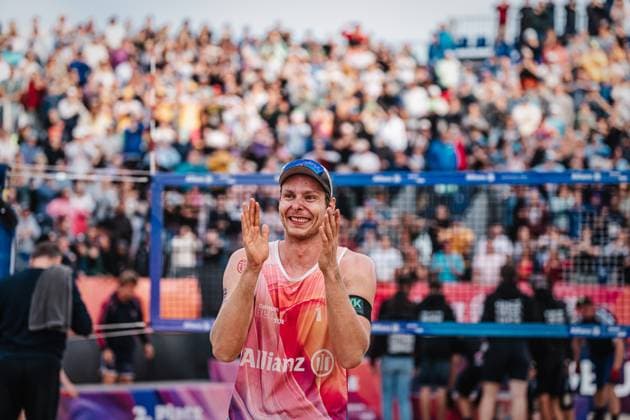 Beach volleyball men Allianz German Beach Tour German Beach Volleyball Championship 2024 01 09 2024 Nils Ehlers happy after winning the German Championships Timmendorfer Strand Ahmann Hager Arena Schleswig Holstein Germany