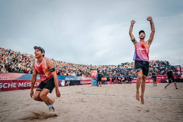 Beach volleyball men Allianz German Beach Tour German Beach Volleyball Championship 2024 01 09 2024 v l Nils Ehlers and Clemens Wickler celebrate after their victory at the German Championships Timmendorfer Strand Ahmann Hager Arena Schleswig Holstein Germany