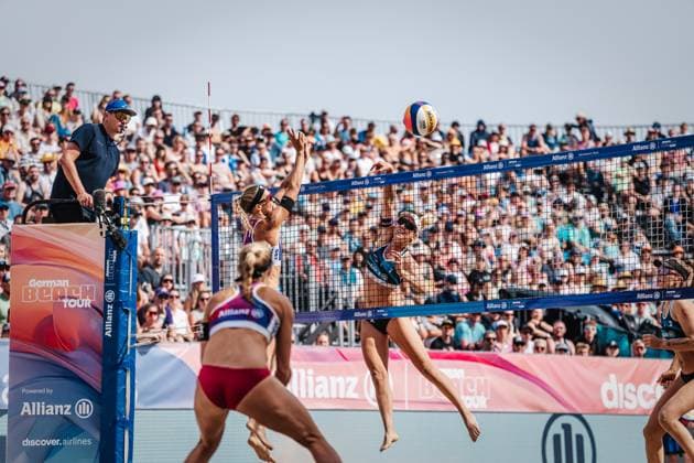 Beach volleyball women Allianz German Beach Tour German Beach Volleyball Championship 2024 01 09 2024 Karla Borger on the attack Timmendorfer Strand Ahmann Hager Arena Schleswig Holstein Germany
