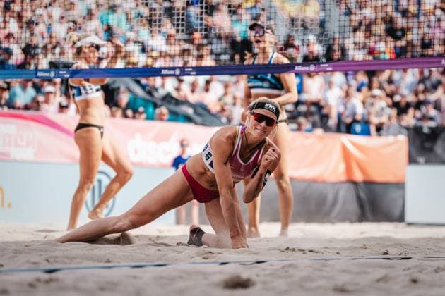 Beach volleyball women Allianz German Beach Tour German Beach Volleyball Championship 2024 01 09 2024 Kim van de Velde cheers and clenches her fist Timmendorfer Strand Ahmann Hager Arena Schleswig Holstein Germany