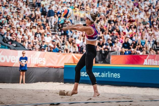 Beach volleyball women Allianz German Beach Tour German Beach Volleyball Championship 2024 01 09 2024 Svenja Müller plays the ball Timmendorfer Strand Ahmann Hager Arena Schleswig Holstein Germany