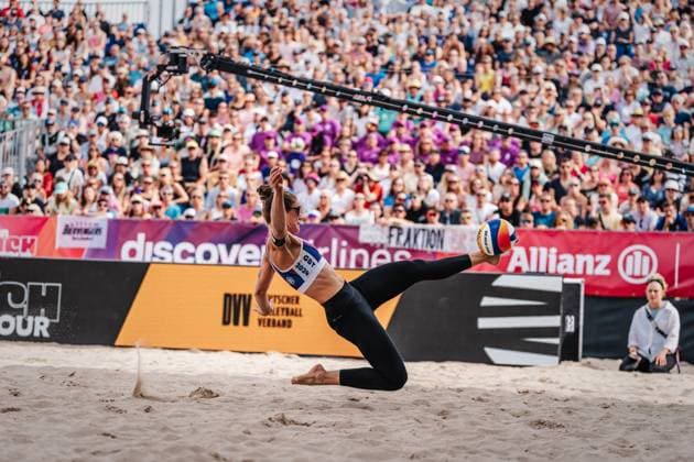Beach volleyball women Allianz German Beach Tour German Beach Volleyball Championship 2024 01 09 2024 Cinja Tillmann plays the ball spectacularly with her foot Timmendorfer Strand Ahmann Hager Arena Schleswig Holstein Germany