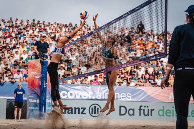 Beach volleyball women Allianz German Beach Tour German Beach Volleyball Championship 2024 01 09 2024 f l Svenja Müller and Louisa Lippmann Timmendorfer Strand Ahmann Hager Arena Schleswig Holstein Germany