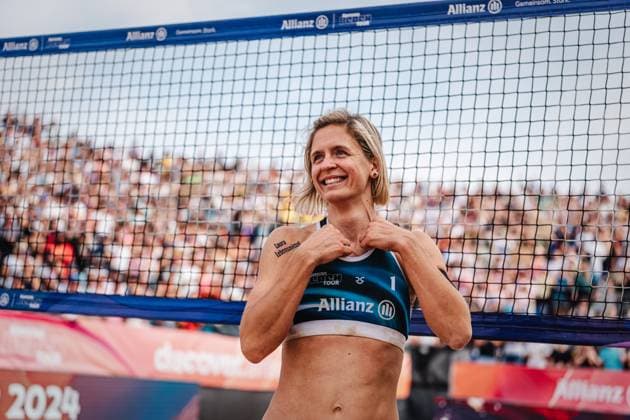Beach volleyball women Allianz German Beach Tour German Beach Volleyball Championship 2024 01 09 2024 Laura Ludwig after her last match Timmendorfer Strand Ahmann Hager Arena Schleswig Holstein Germany