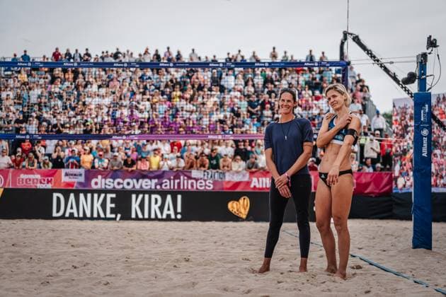Beach volleyball women Allianz German Beach Tour German Beach Volleyball Championship 2024 01 09 2024 v l Kira Walkenhorst and Laura Ludwig at their farewell ceremony Timmendorfer Strand Ahmann Hager Arena Schleswig Holstein Germany
