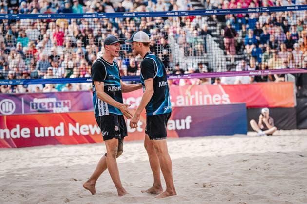Beach volleyball men Allianz German Beach Tour German Beach Volleyball Championship 2024 01 09 2024 f l Robin Sowa and Max Just Timmendorfer Strand Ahmann Hager Arena Schleswig Holstein Germany