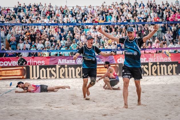 Beach volleyball men Allianz German Beach Tour German Beach Volleyball Championship 2024 01 09 2024 f l Robin Sowa and Max Just celebrating after winning the match for third place Timmendorfer Strand Ahmann Hager Arena Schleswig Holstein Germany