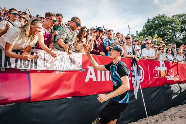 Beach volleyball men Allianz German Beach Tour German Beach Volleyball Championship 2024 01 09 2024 Robin Sowa celebrates after winning the match for third place Timmendorfer Strand Ahmann Hager Arena Schleswig Holstein Germany