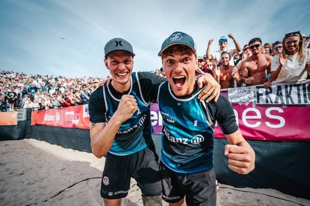 Beach volleyball men Allianz German Beach Tour German Beach Volleyball Championship 2024 01 09 2024 f l Robin Sowa and Max Just celebrate after winning the match for third place Timmendorfer Strand Ahmann Hager Arena Schleswig Holstein Germany