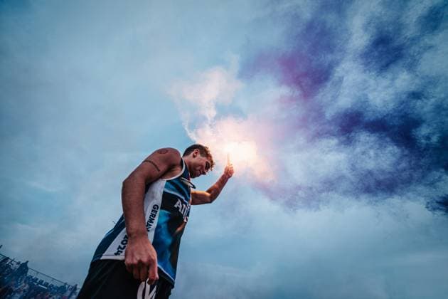 Beach volleyball women and men Allianz German Beach Tour German Beach Volleyball Championship 2024 01 09 2024 Lui Wüst at the award ceremony with pyrotechnics Timmendorfer Strand Ahmann Hager Arena Schleswig Holstein Germany