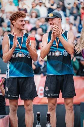 Beach volleyball women and men Allianz German Beach Tour German Beach Volleyball Championship 2024 01 09 2024 f l Max Just and Robin Sowa in third place Timmendorfer Strand Ahmann Hager Arena Schleswig Holstein Germany