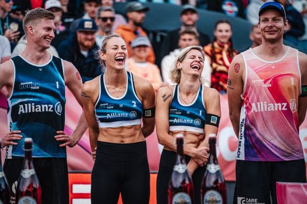 Beach volleyball women and men Allianz German Beach Tour German Beach Volleyball Championship 2024 01 09 2024 from l Philipp Huster, Louisa Lippmann, Laura Ludwig and Nils Ehlers Timmendorfer Strand Ahmann Hager Arena Schleswig Holstein Germany