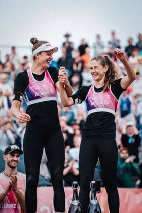 Beach volleyball women and men Allianz German Beach Tour German Beach Volleyball Championship 2024 01 09 2024 v l Svenja Müller and Cinja Tillmann win the German Championships Timmendorfer Strand Ahmann Hager Arena Schleswig Holstein Germany