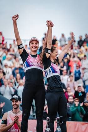 Beach volleyball women and men Allianz German Beach Tour German Beach Volleyball Championship 2024 01 09 2024 v l Svenja Müller and Cinja Tillmann win the German Championships Timmendorfer Strand Ahmann Hager Arena Schleswig Holstein Germany