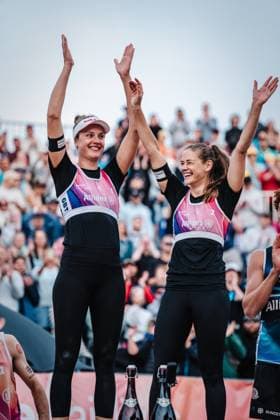 Beach volleyball women and men Allianz German Beach Tour German Beach Volleyball Championship 2024 01 09 2024 v l Svenja Müller and Cinja Tillmann win the German Championships Timmendorfer Strand Ahmann Hager Arena Schleswig Holstein Germany