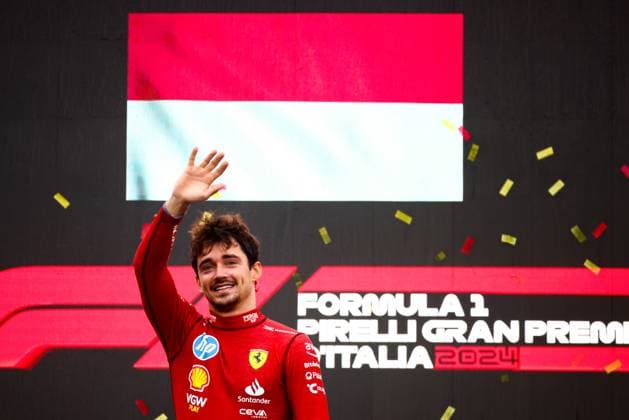 F1 Italian Grand Prix Charles Leclerc of Ferrari celebrates on the podium after winning the Italian Formula One Grand Prix at Autodromo Nazionale Monza circuit, in Monza on September 1st, 2024. Monza Italy  Copyright: xBeataxZawrzelx originalFilename:zawrzel-f1italia240901_np6Vv.jpg
