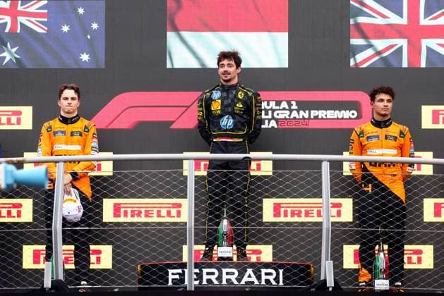 F1 Italian Grand Prix Charles Leclerc of Ferrari, Oscar Piastri of McLaren and Lando Norris of McLaren are seen on the podium after winning the Italian Formula One Grand Prix at Autodromo Nazionale Monza circuit, in Monza on September 1st, 2024. Monza Italy  Copyright: xBeataxZawrzelx originalFilename:zawrzel-f1italia240901_npZgN.jpg