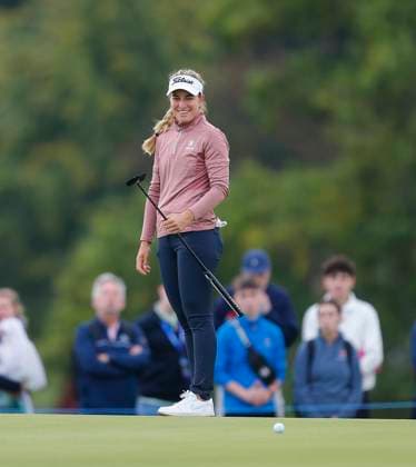 1st September 2024; The O& x2019;Meara Course at Carton House, Maynooth, County Kildare, Ireland; KPMG Womens Irish Open Golf, Final Round; Linda Sobron Galmes (ESP) reacts to a missed putt on the 18th green  ActionPlus12689097 PeterxFitzpatrick