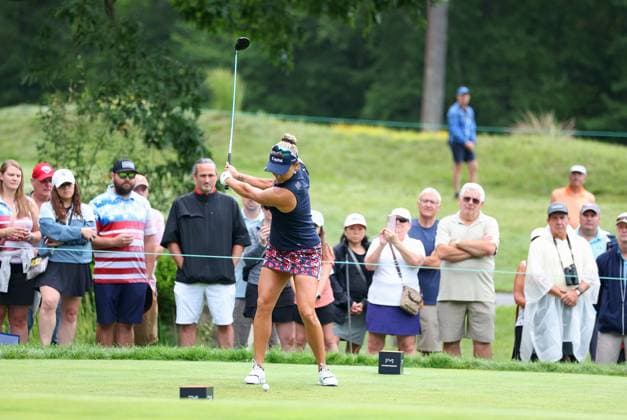 NORTON, MA - SEPTEMBER 01: Lexi Thompson of United States drives form the 1st tee box during the final round of the LPGA, Golf Damen 2024 FM Global Championship on September 1, 2024, at TPC Boston in Norton, MA. (Photo by M. Anthony Nesmith Icon Sportswire) GOLF: SEP 01 LPGA FM Global Championship EDITORIAL USE ONLY Icon24090103