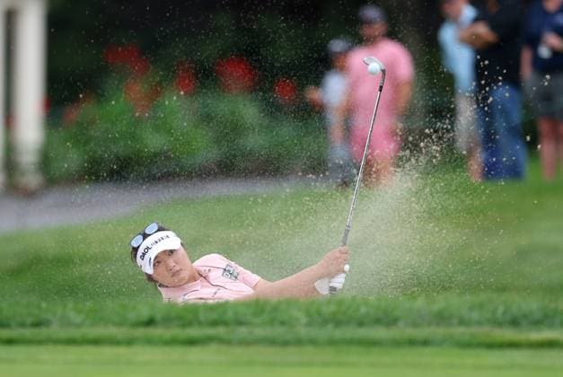 NORTON, MA - SEPTEMBER 01: Haeran Ryu of Korea hits out of the 7th green bunker during the final round of the LPGA, Golf Damen 2024 FM Global Championship on September 1, 2024, at TPC Boston in Norton, MA. (Photo by M. Anthony Nesmith Icon Sportswire) GOLF: SEP 01 LPGA FM Global Championship EDITORIAL USE ONLY Icon24090129