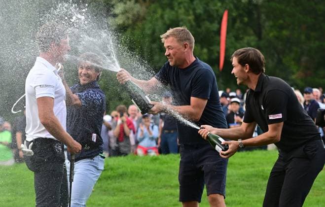 Betfred British Masters Champion 2024 Niklas Norgaard is showered in Champagne by his fellow Danes Rasmus Hojgaard and Thorbjorn Olesen Betfred British Masters 2024, Day Four, Golf, The Belfry, Sutton Coldfield, UK - 01 Sep 2024  Copyright: xGreigxCowie Shutterstockx 14673146am