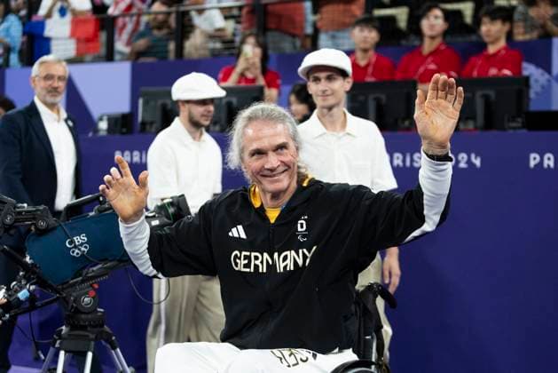 PARIS, FRANCE SEPTEMBER 02 Thomas WANDSCHNEIDER GER , startclass WH1 wins the bronze medal and celebrates during the winning ceremony Paris 2024 Summer Paralympic Games at Porte de la Chapelle Arena on September 02, 2024 in Paris, France Photo by Mika Volkmann DBS 202408027-20240908