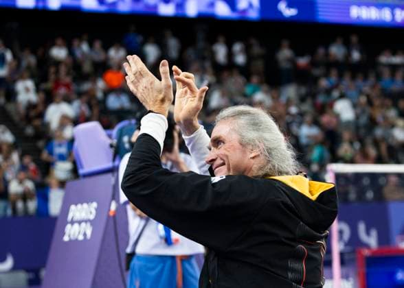 PARIS, FRANCE SEPTEMBER 02 Thomas WANDSCHNEIDER GER , startclass WH1 wins the bronze medal and celebrates during the winning ceremony Paris 2024 Summer Paralympic Games at Porte de la Chapelle Arena on September 02, 2024 in Paris, France Photo by Mika Volkmann DBS 202408027-20240908