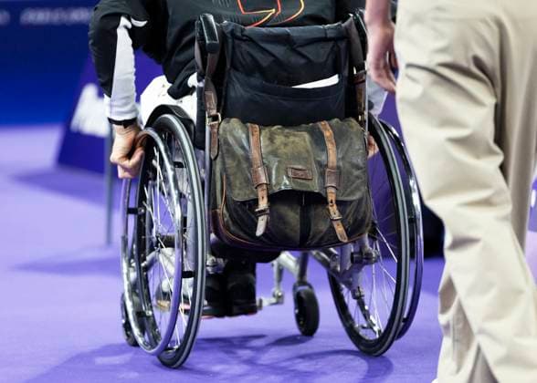 PARIS, FRANCE SEPTEMBER 02 Thomas WANDSCHNEIDER GER , startclass WH1 wins the bronze medal and celebrates during the winning ceremony Paris 2024 Summer Paralympic Games at Porte de la Chapelle Arena on September 02, 2024 in Paris, France Photo by Mika Volkmann DBS 202408027-20240908