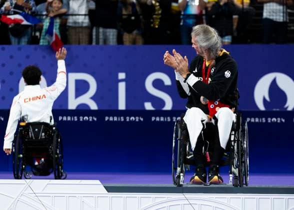 PARIS, FRANCE SEPTEMBER 02 Thomas WANDSCHNEIDER GER , startclass WH1 wins the bronze medal and celebrates during the winning ceremony Paris 2024 Summer Paralympic Games at Porte de la Chapelle Arena on September 02, 2024 in Paris, France Photo by Mika Volkmann DBS 202408027-20240908