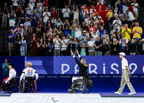 PARIS, FRANCE SEPTEMBER 02 Thomas WANDSCHNEIDER GER , startclass WH1 wins the bronze medal and celebrates during the winning ceremony Paris 2024 Summer Paralympic Games at Porte de la Chapelle Arena on September 02, 2024 in Paris, France Photo by Mika Volkmann DBS 202408027-20240908