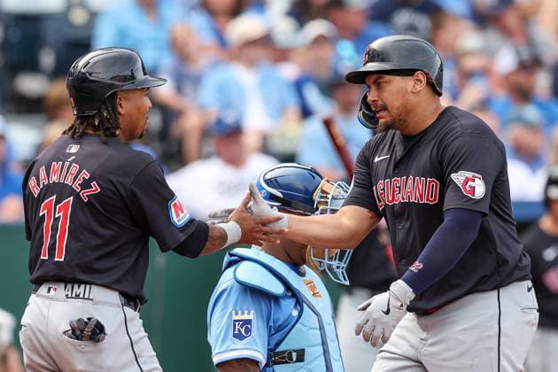 September 2, 2024: Cleveland Guardians third baseman Jose Ramirez (11) congratulates Cleveland Guardians first baseman Josh Naylor (22), right, on his two run home run during the sixth inning against the Kansas City Royals at Kauffman Stadium in Kansas City, MO. CSM Kansas City United States of America - ZUMAc04_ 20240902_zma_c04_202 Copyright: xDavidxSmithx