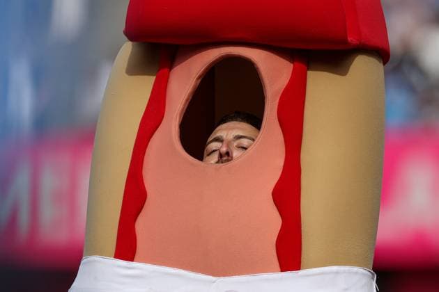 September 2, 2024: Ketchup has a lead and wins the hot dog race during a game between the Kansas City Royals and Cleveland Guardians at Kauffman Stadium in Kansas City, MO. CSM Kansas City United States of America - ZUMAc04_ 20240902_zma_c04_203 Copyright: xDavidxSmithx
