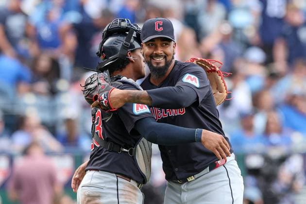September 2, 2024: Cleveland Guardians catcher Bo Naylor (23), left, and Cleveland Guardians relief pitcher Emmanuel Clase (48) react to their 4-2 win over the Kansas City Royals at Kauffman Stadium in Kansas City, MO. CSM Kansas City United States of America - ZUMAc04_ 20240902_zma_c04_210 Copyright: xDavidxSmithx