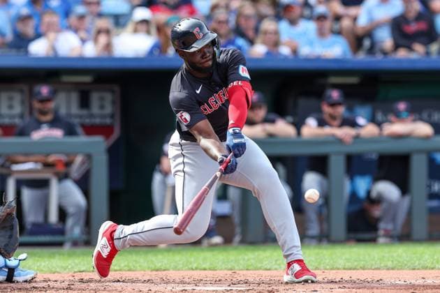 September 2, 2024: Cleveland Guardians right fielder Jhonkensy Noel (43) hits a single against the Kansas City Royals during the fifth inning at Kauffman Stadium in Kansas City, MO. CSM Kansas City United States of America - ZUMAc04_ 20240902_zma_c04_209 Copyright: xDavidxSmithx