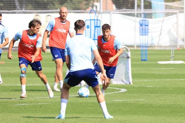 DEU, DFL, 2 FBL Hertha BSC, Training, 03 09 2024, Sportforum, Berlin, DEU, DFL, 2 FBL Hertha BSC, Training, in the picture Diego Demme Hertha BSC Berlin 6 , Michal Karbownik Hertha BSC Berlin 33 , Toni Leistner Hertha BSC Berlin 37 DFL regulations prohibit any use of Photographs as image sequences and or quasi video Foto Juergen Engler nordphoto GmbH nordphotoxGmbHx xEngler nph00076