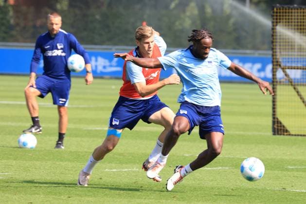 DEU, DFL, 2 FBL Hertha BSC, Training, 03 09 2024, Sportforum, Berlin, DEU, DFL, 2 FBL Hertha BSC, Training, im Bild Deyovaisio Zeefuik Hertha BSC Berlin 42 , Luca Schuler Hertha BSC Berlin 18 DFL regulations prohibit any use of Photographs as image sequences and or quasi video Foto Juergen Engler nordphoto GmbH nordphotoxGmbHx xEngler nph00076