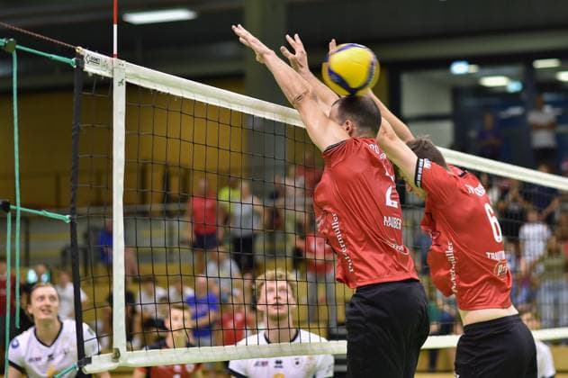 Moritz Rauber TV Rottenburg, 02 and Maik Trautmann TV Rottenburg, 06 in the block TV Rottenburg Barock Volleys MTV Ludwigsburg, Volleyball, test match, 03 09 2024, TV Rottenburg Barock Volleys MTV Ludwigsburg, Volleyball, test match, 03 09 2024 Rottenburg Copyright: xEibner-Pressefoto RalphxKunzex EP_RKE